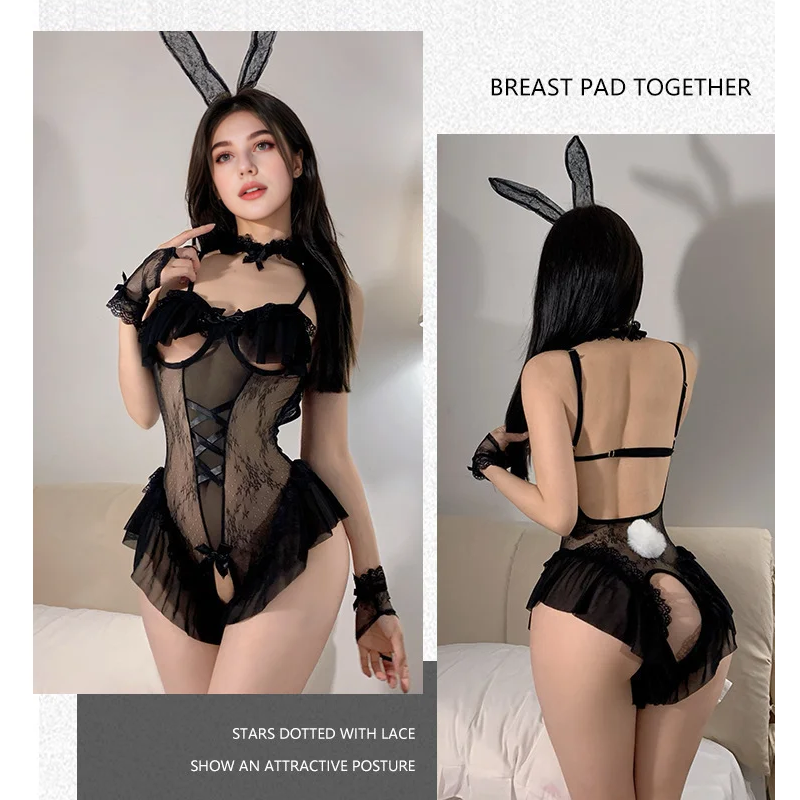 Traje de conejita sin espalda con encaje y entrepierna abierta sexy.