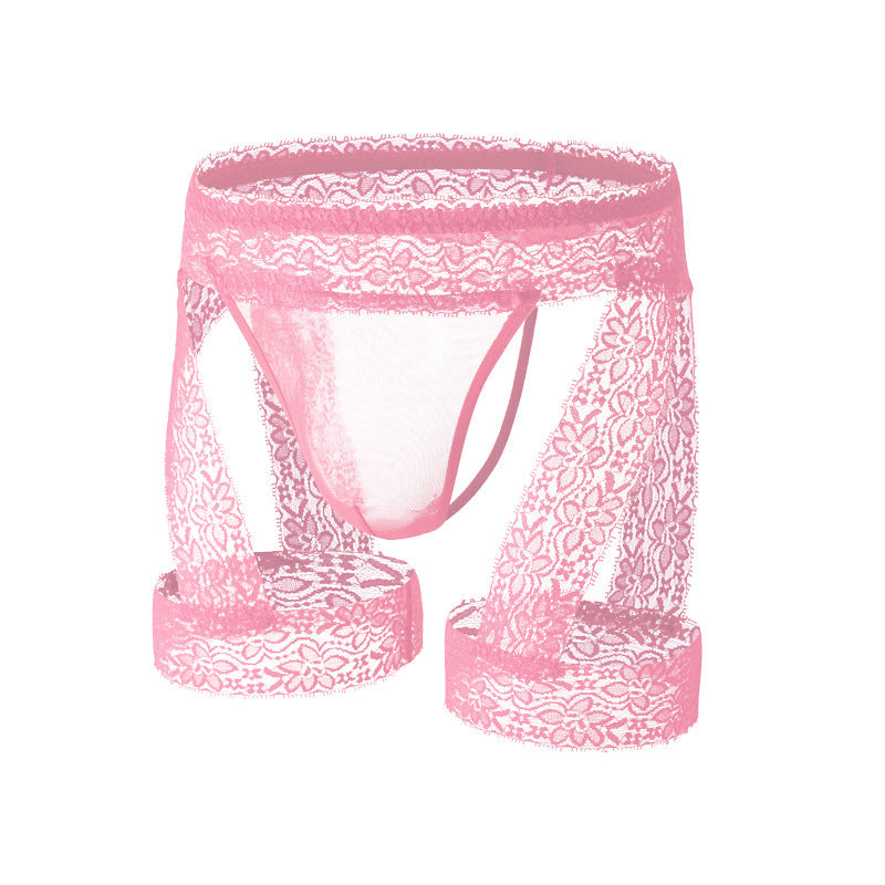 Men's Lace Tirm Bulge Pouch G-String Underwear with Garter