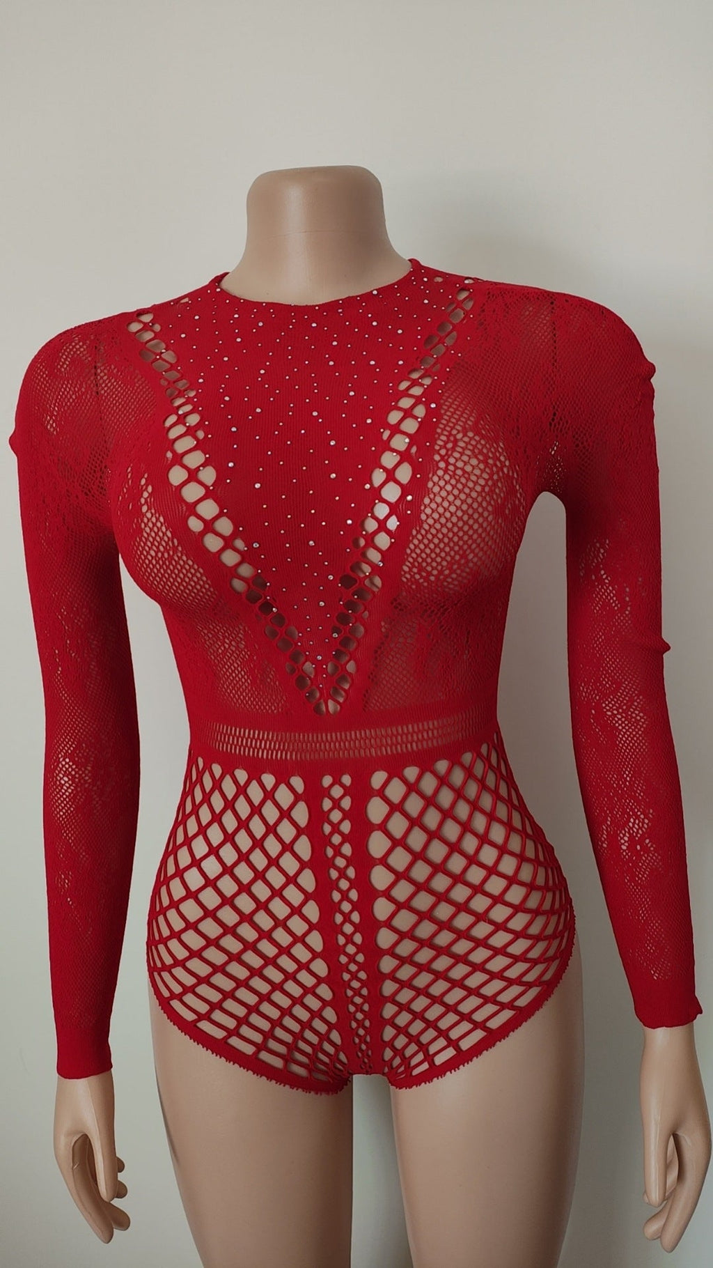 Women's Hot Drilling Hollow-Out Tempting Lingerie Long Sleeve Bodystocking