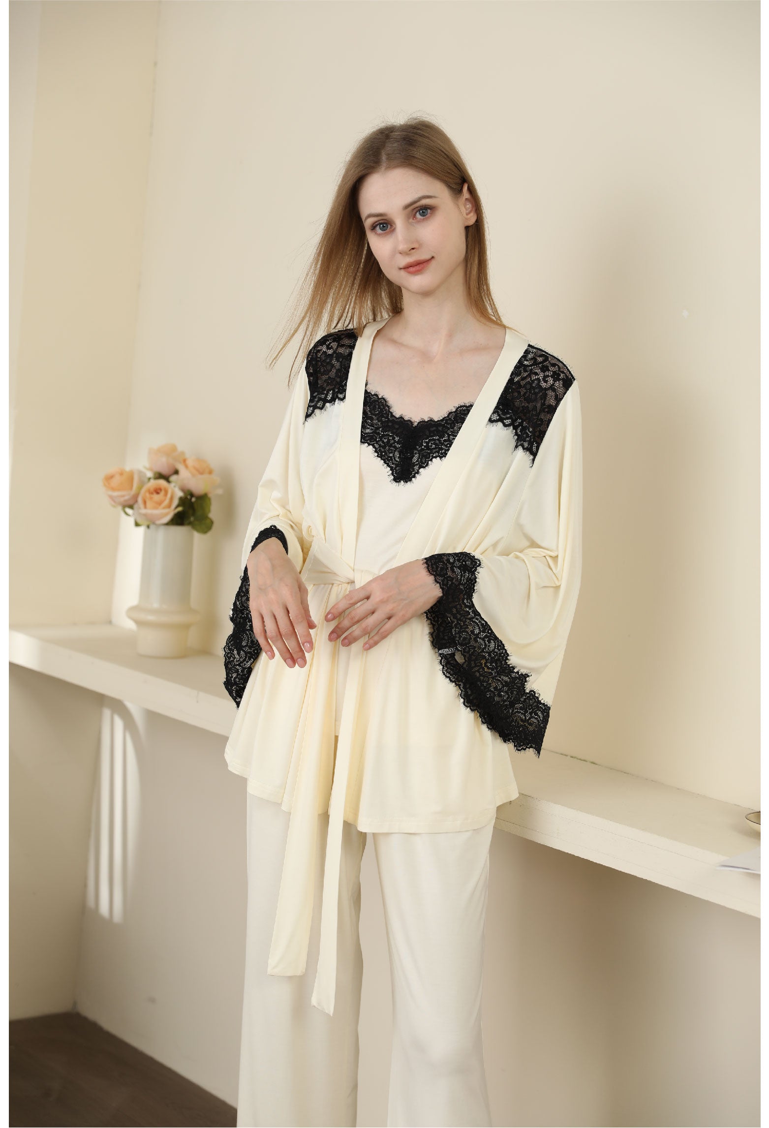 Sexy Modal Lace Backless Pajama Robe Camisole Set