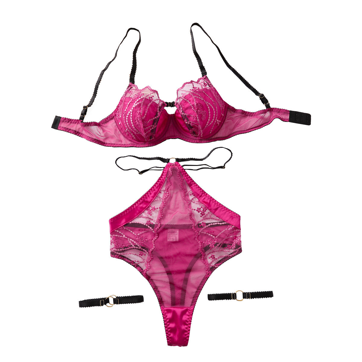 Conjunto de lencería erótica transparente de malla cómoda con sujetador push-up de tres piezas