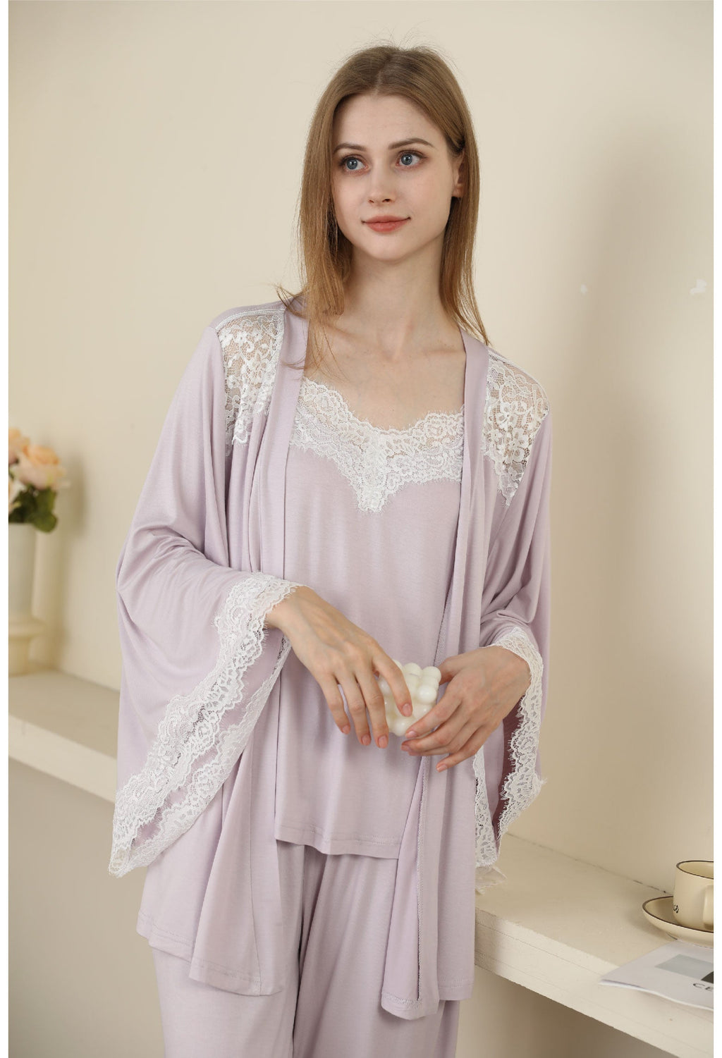 Sexy Modal Lace Backless Pajama Robe Camisole Set