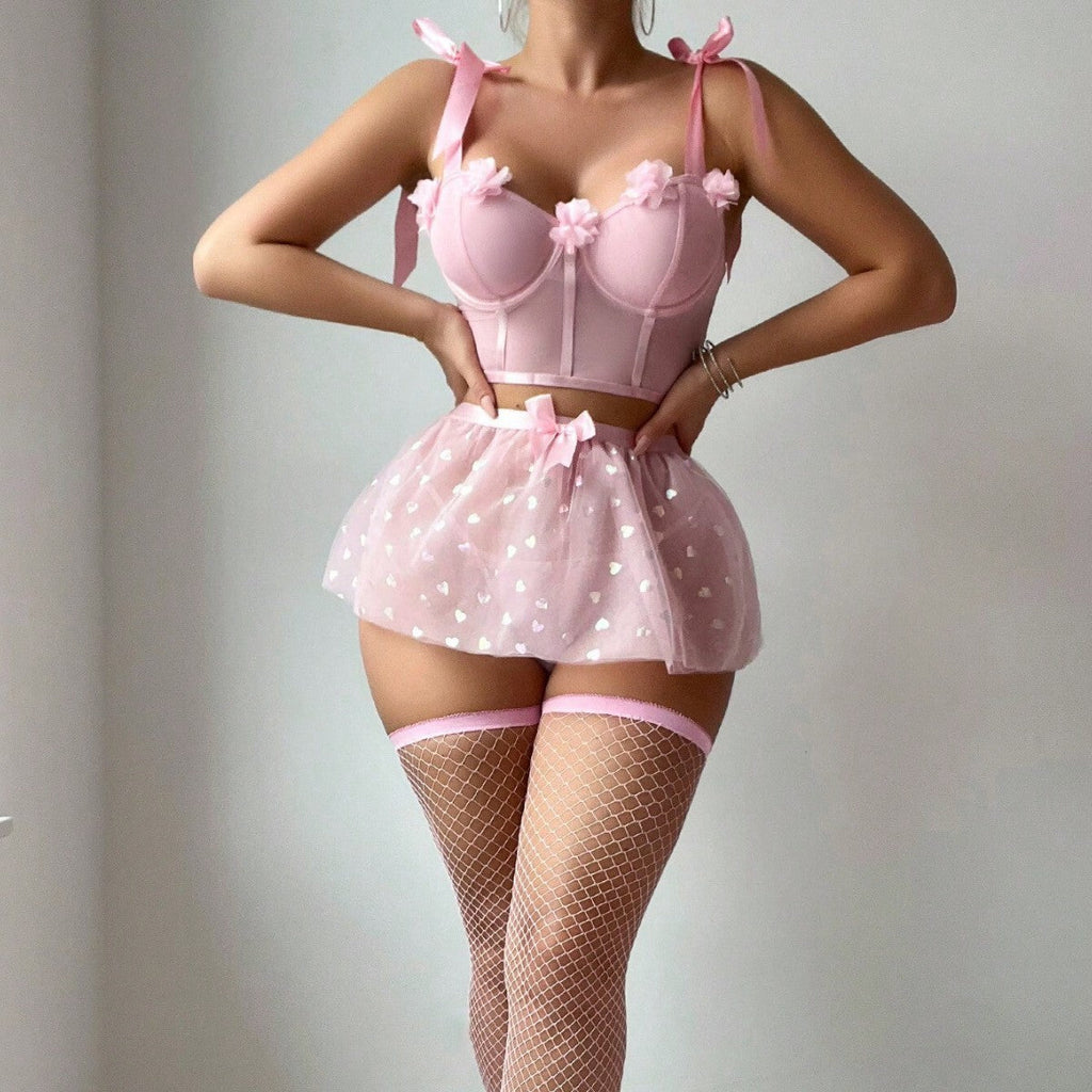 Three-Dimensional Flower Bow Tie Lace-up Sequins Tulle Skirt Sexy Lingerie Set