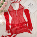 Conjunto de lencería erótica de encaje con cuello halter, aro y forma de corazón