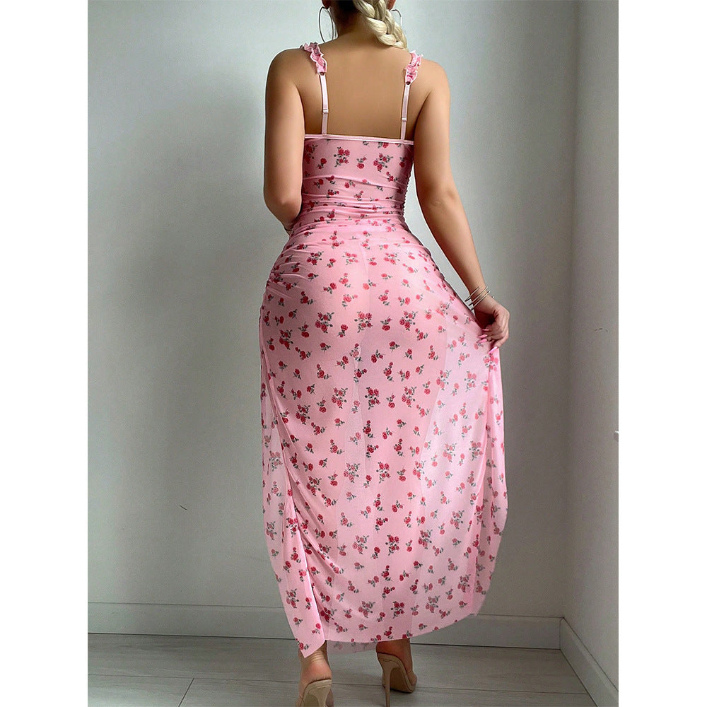 Camisón sexy halter de malla transparente con estampado floral