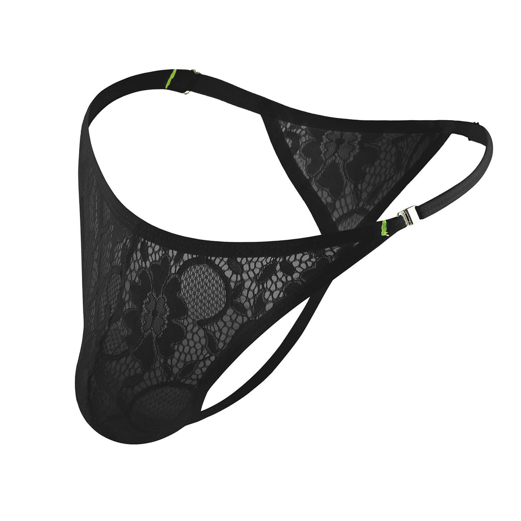 Tanga de encaje transparente sexy con botones laterales para hombre