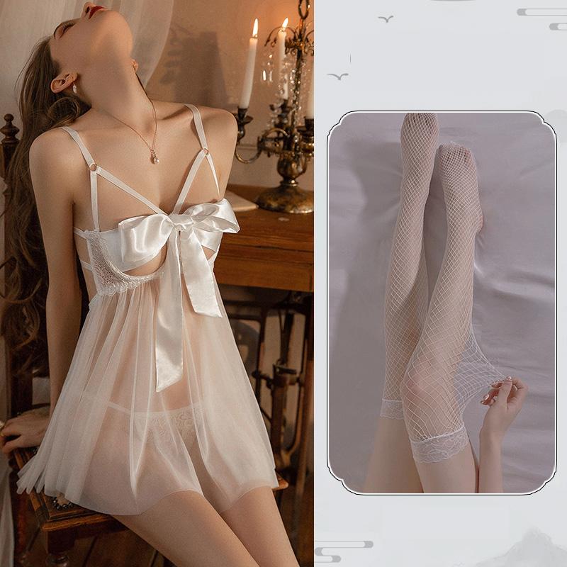 Plus Size Backless Bow Straps Tulle Nightdress