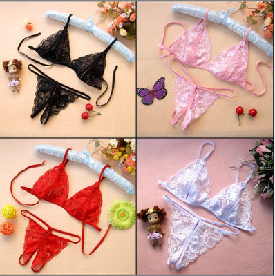 Conjunto de lencería sexy de tres piezas para mujer, de encaje transparente y entrepierna abierta, seductora