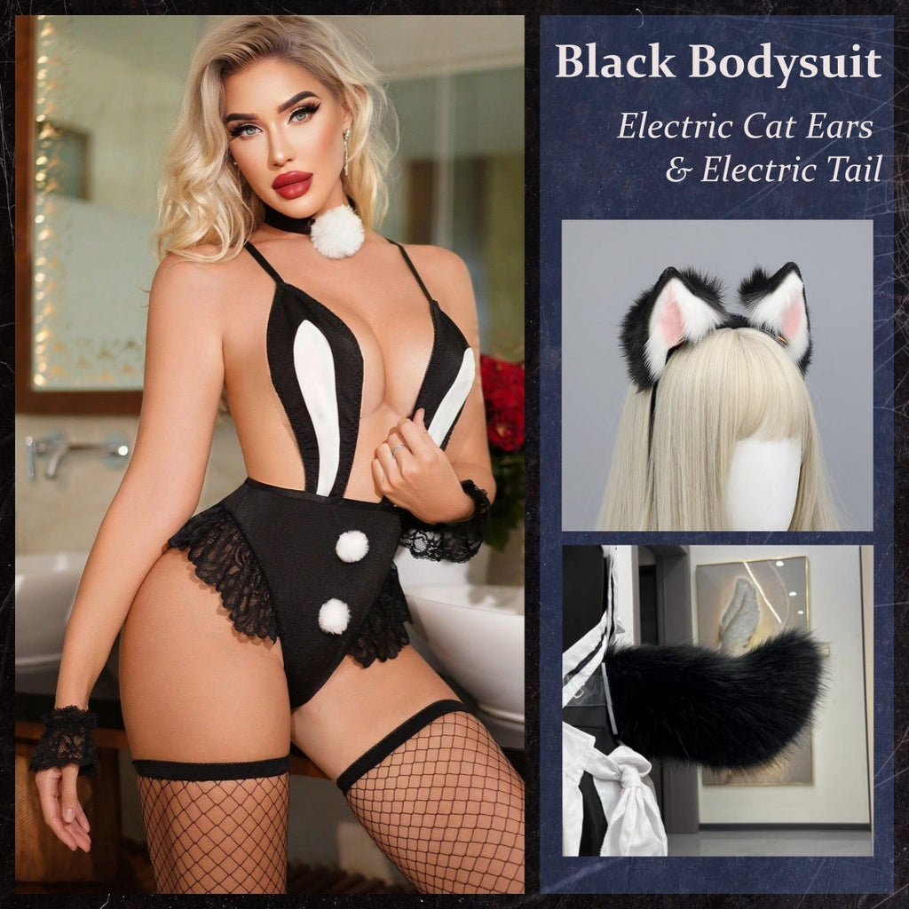 Conjunto de lencería de cosplay de encaje con orejas de conejo