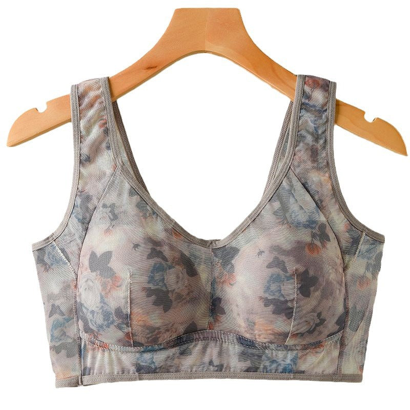 Sujetador estampado para mediana edad, talla grande, estilo fino, tipo chaleco sin aros, evita la flacidez, sin costuras.