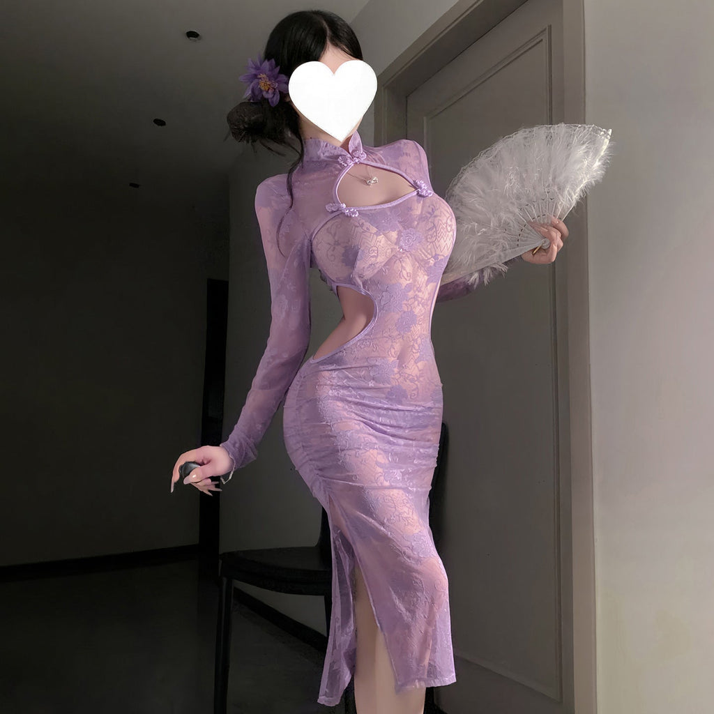 Traje Cheongsam transparente de encaje