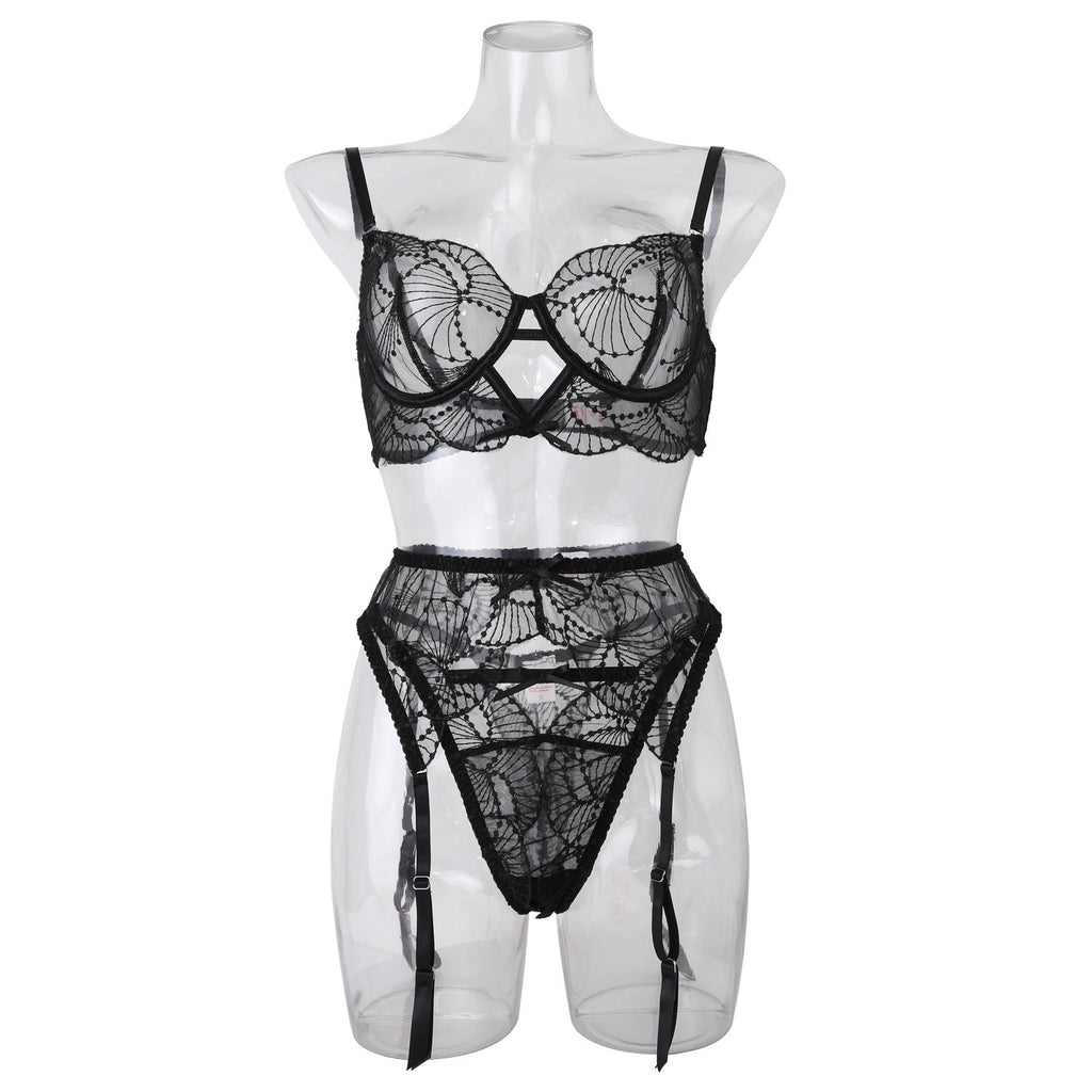 Choker Floral Lace Underwire Bra Sheer Garter Belt Panties Ultra-Sexy 3-Piece Lingerie Set