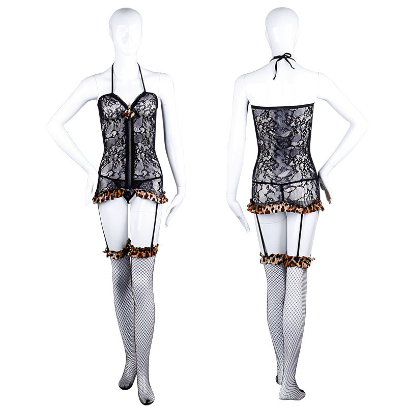 Conjunto de body con tirantes, cremallera y transparencia con estampado de leopardo