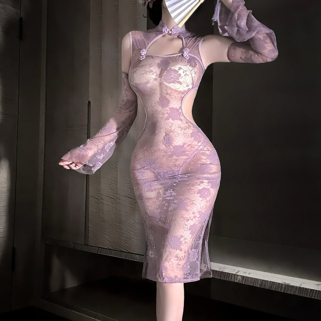Traje de cheongsam morado transparente con encaje estilo chino