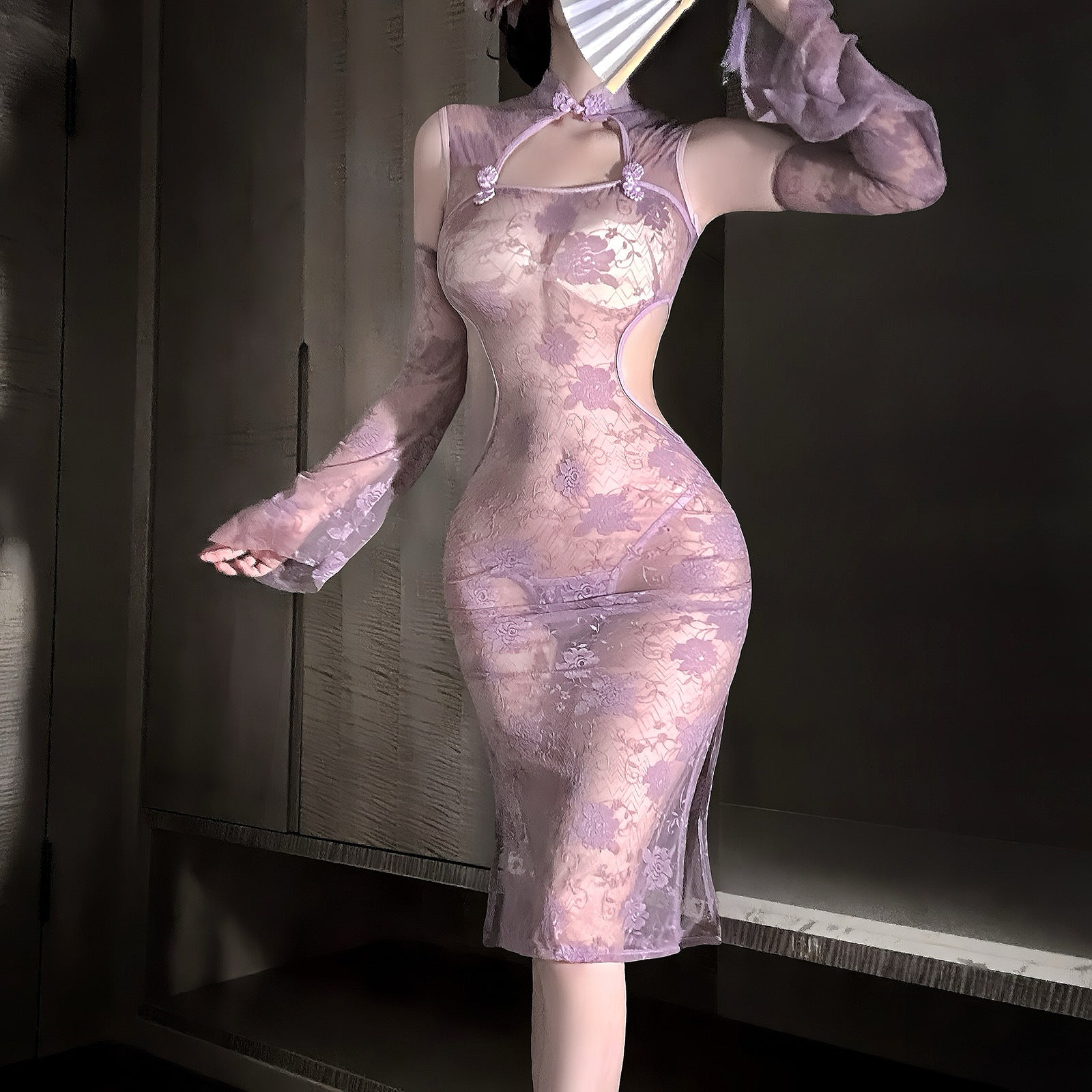 Traje de cheongsam morado transparente con encaje estilo chino