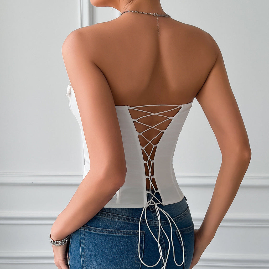 Top con aro de acero, escote bajo, diseño de espina de pescado con cordones, color liso, estilo sexy