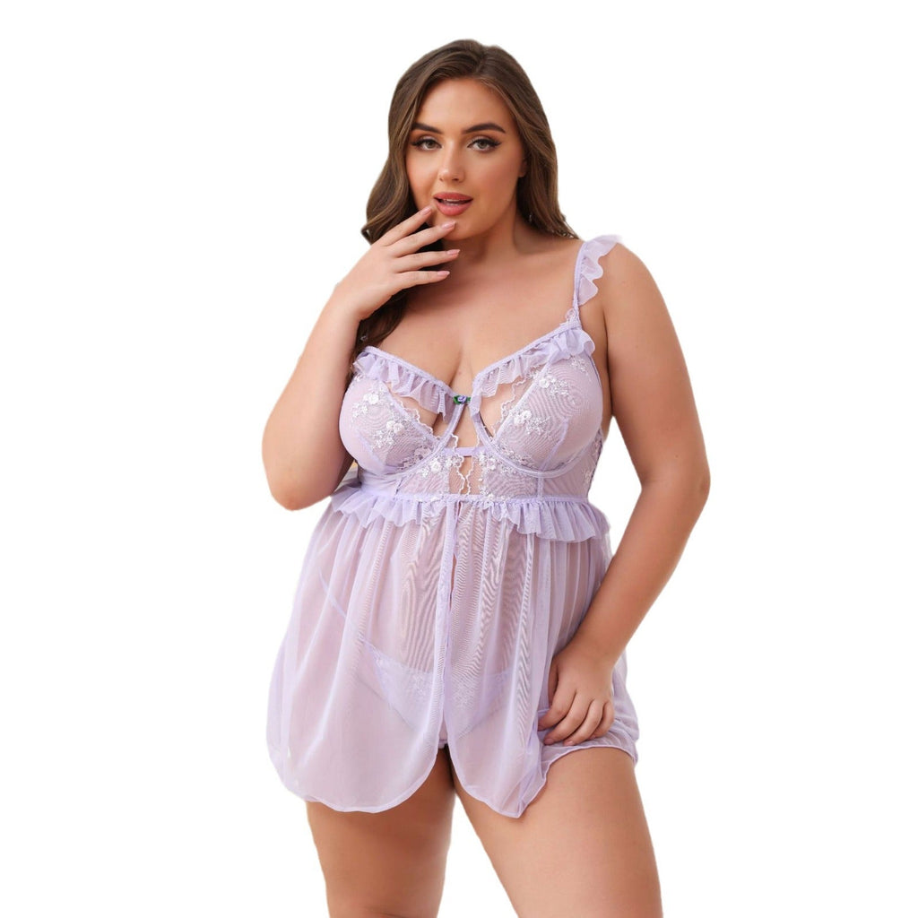Camisola Tallas Grandes con Bordado y Aro, Mini Falda Lencera Transparente de Encaje Sexy