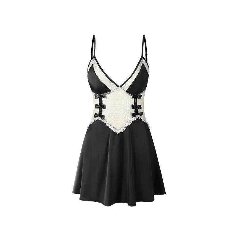 Camisón sexy transparente con encaje y lazo