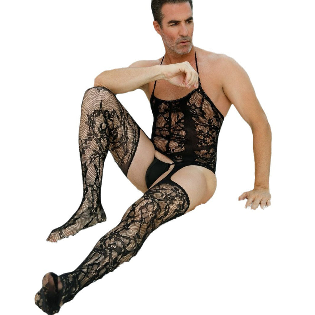 Medias de talla grande para hombre de malla, encaje, caladas, transparentes, lencería sexy