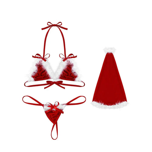 Conjunto de Navidad para Mujer Lencería Sexy Roja Babydoll Vestido de Encaje Ropa de Dormir Disfraz