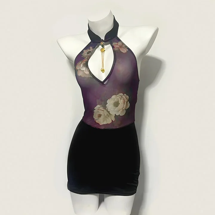 Cheongsam transparente ajustado sin espalda con estampado estilo chino