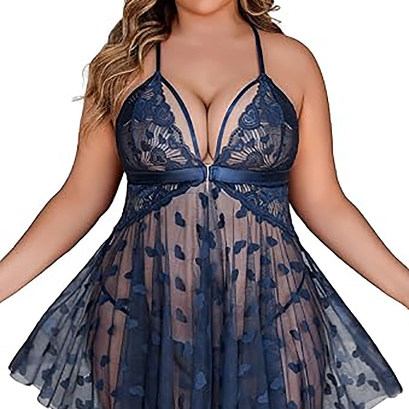 Conjunto de lencería sexy de dos piezas con encaje cruzado grande y transparente