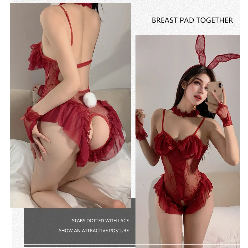 Traje de conejita sin espalda con encaje y entrepierna abierta sexy.