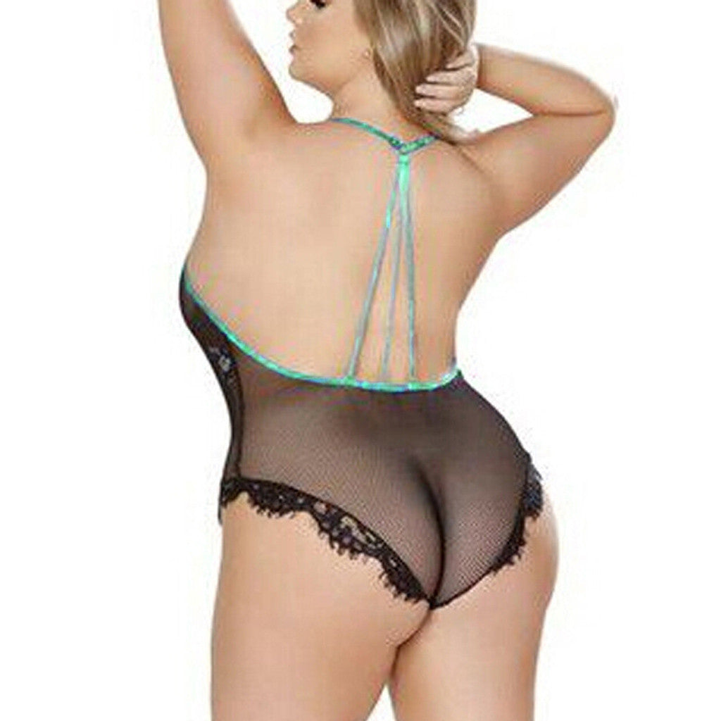 Plus-Size Sexy Lace Mesh See-Through Halter Jumpsuit Lingerie