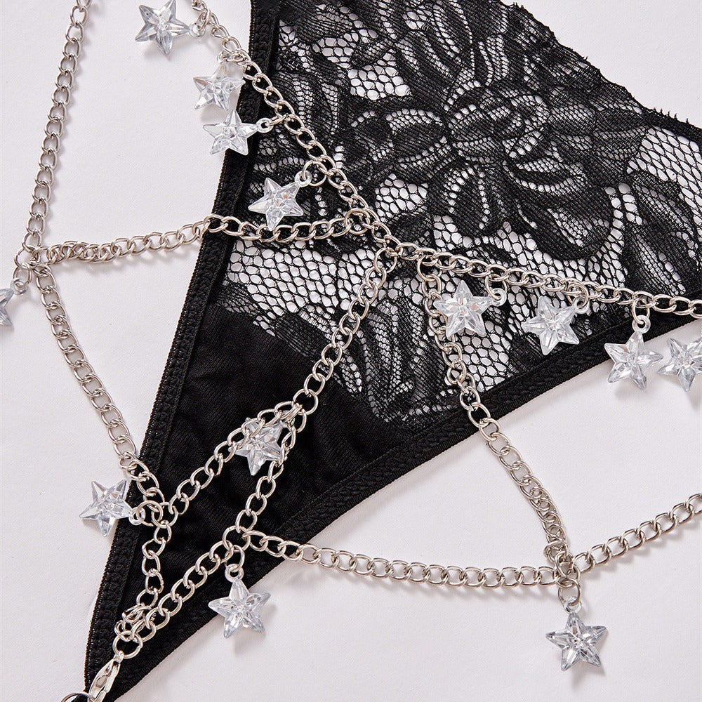 Alluring Lace G String Thongs Featuring Chain Pendant Star Details