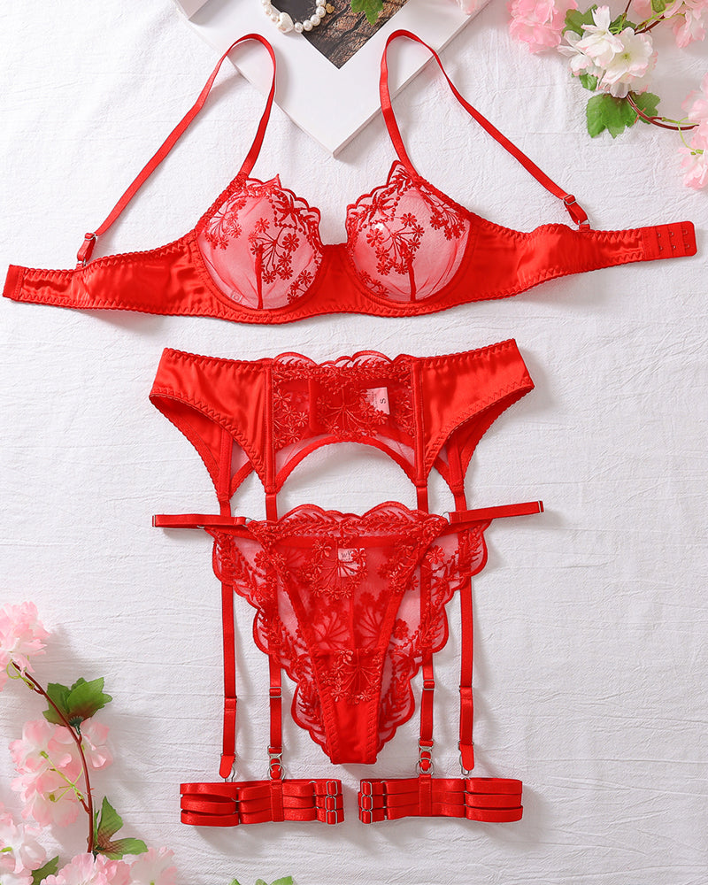 Conjunto de lencería con liguero de encaje bordado