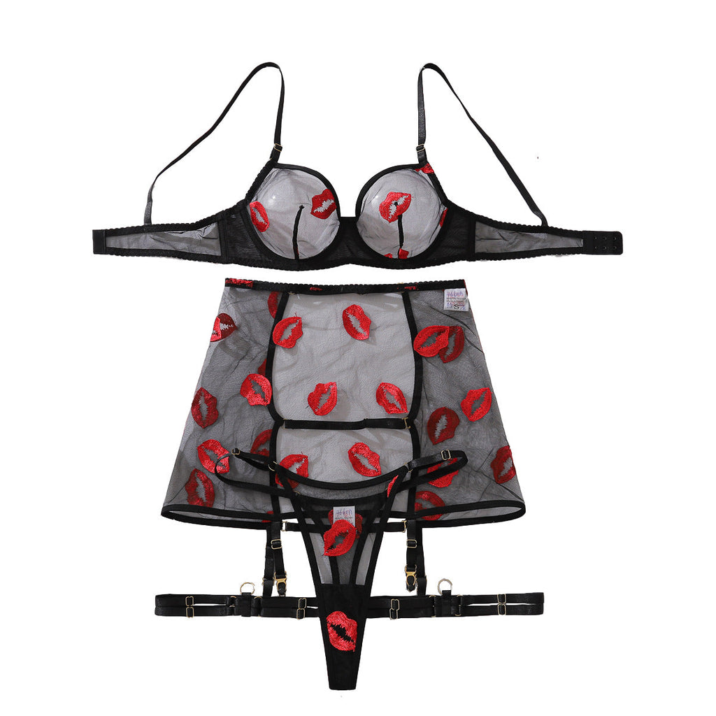Mesh Transparent Embroidered Red Lips Sexy Lingerie