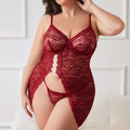 Conjunto de lencería de dos piezas de talla grande, sexy, de encaje transparente con liguero y abertura.