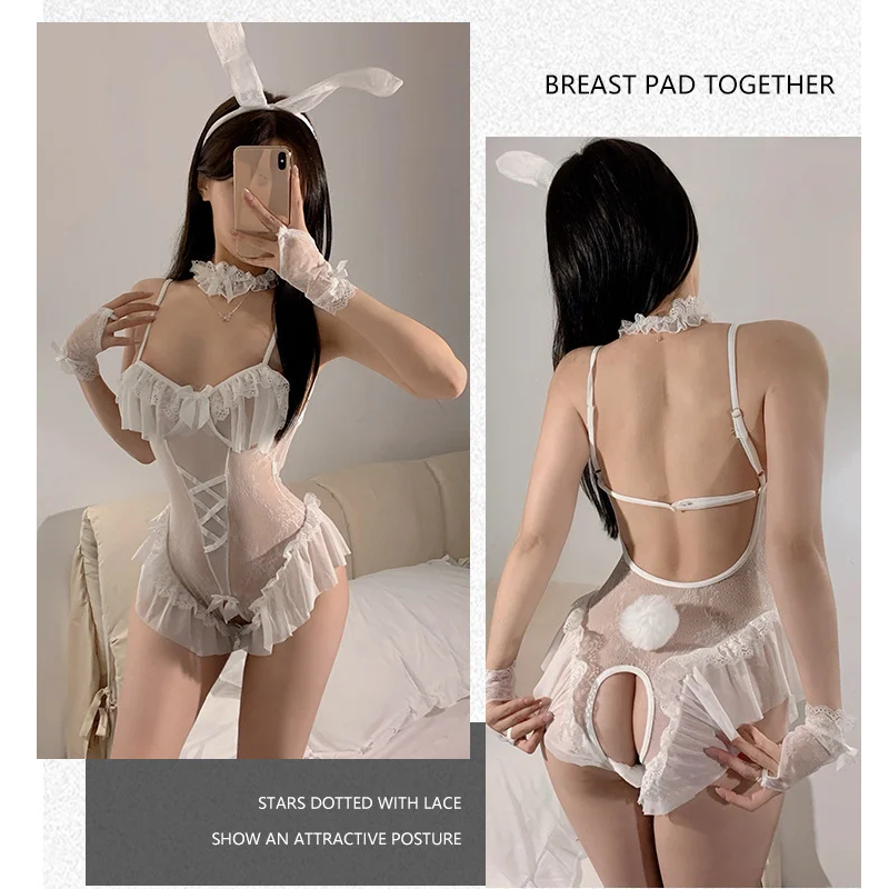 Traje de conejita sin espalda con encaje y entrepierna abierta sexy.
