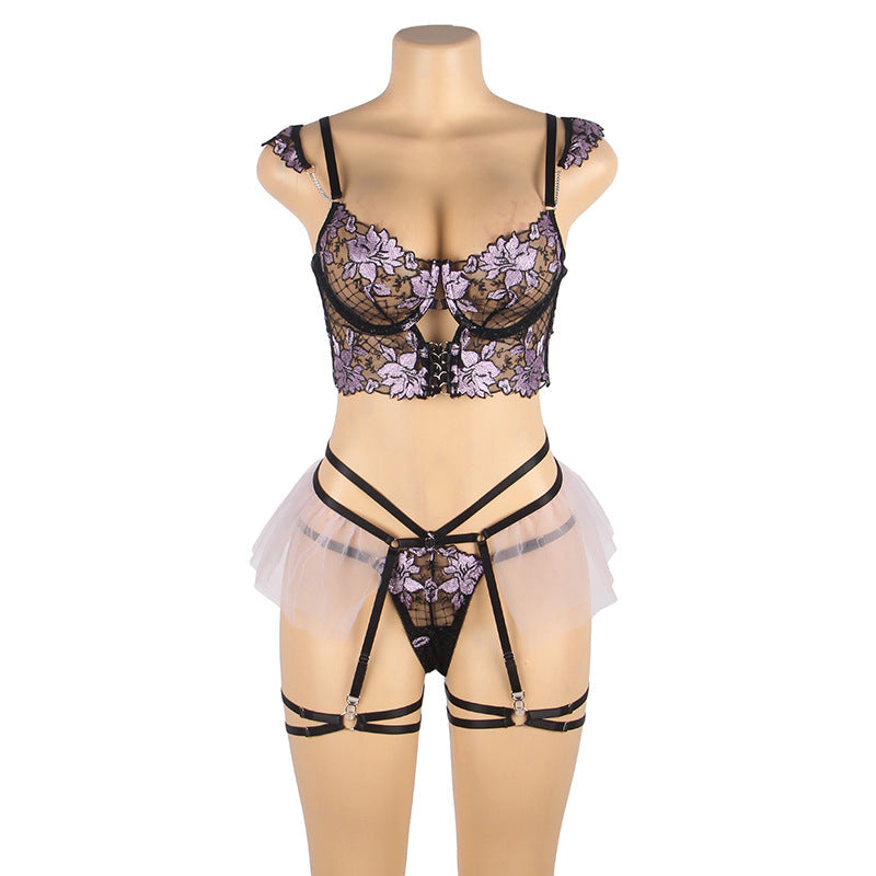 Conjunto de sujetador sexy de encaje bordado para mujer, con aros, fruncido, ropa interior sexy