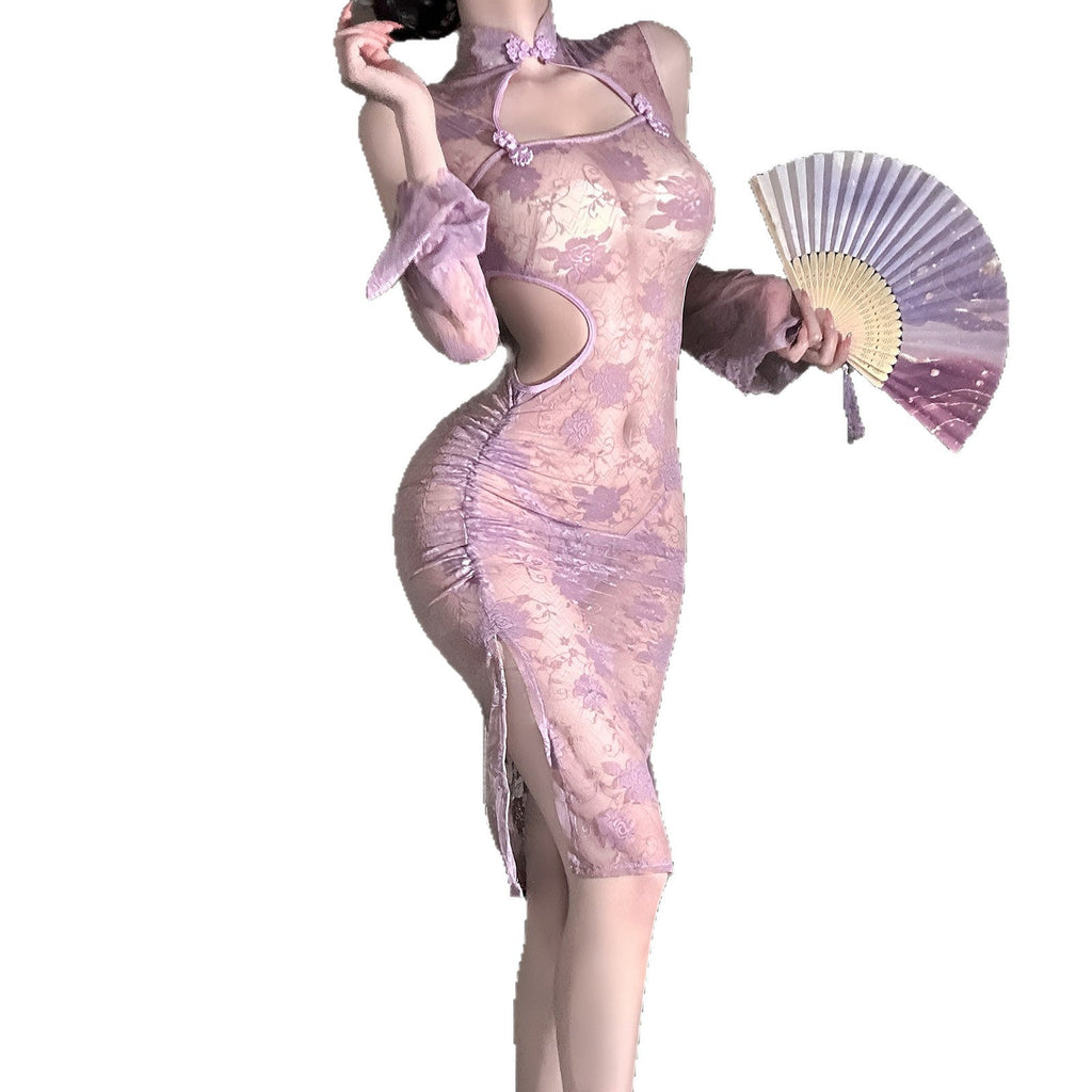 Traje de cheongsam morado transparente con encaje estilo chino