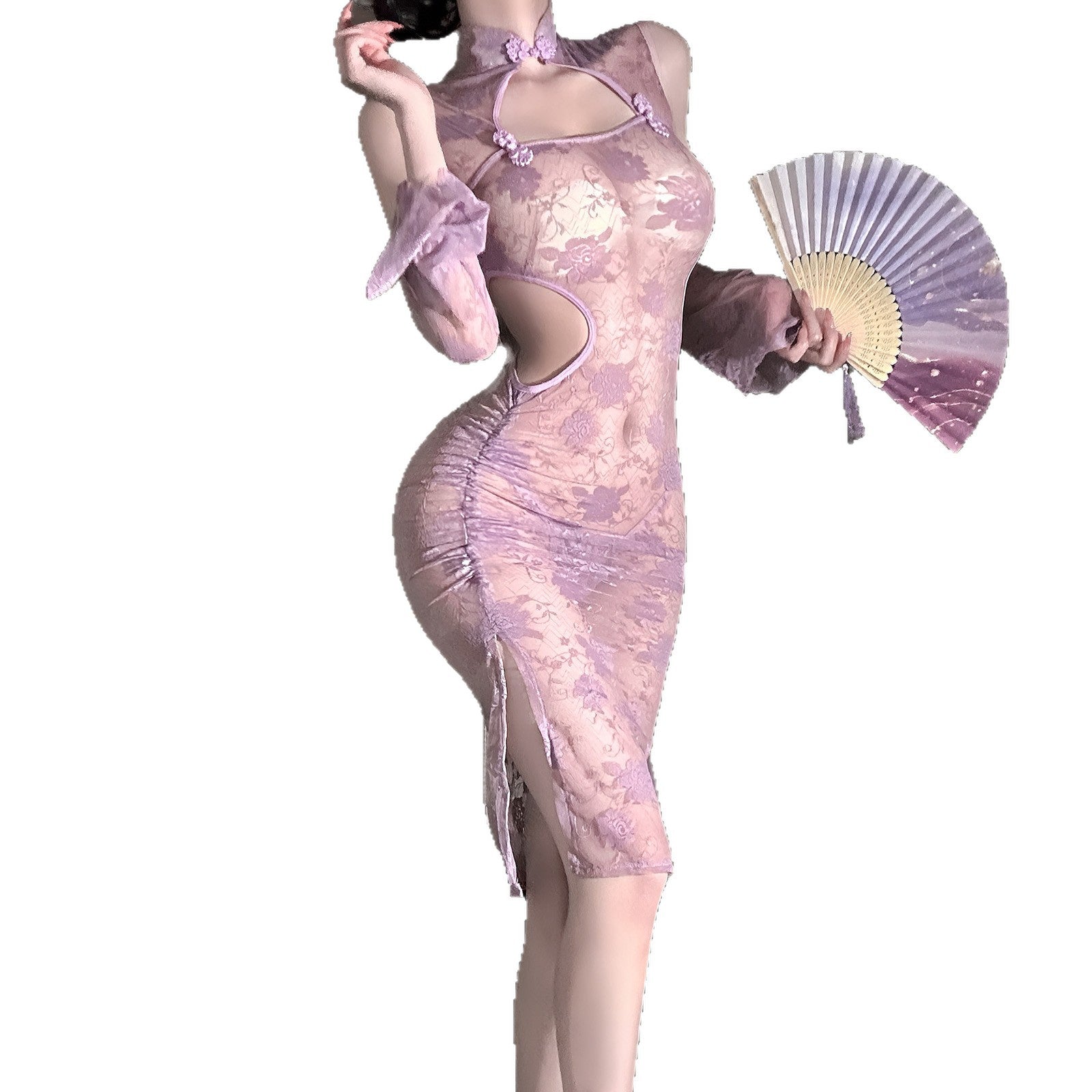 Traje de cheongsam morado transparente con encaje estilo chino