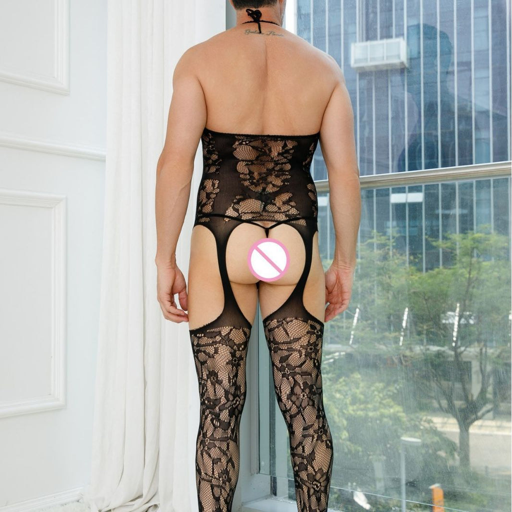 Medias de talla grande para hombre de malla, encaje, caladas, transparentes, lencería sexy
