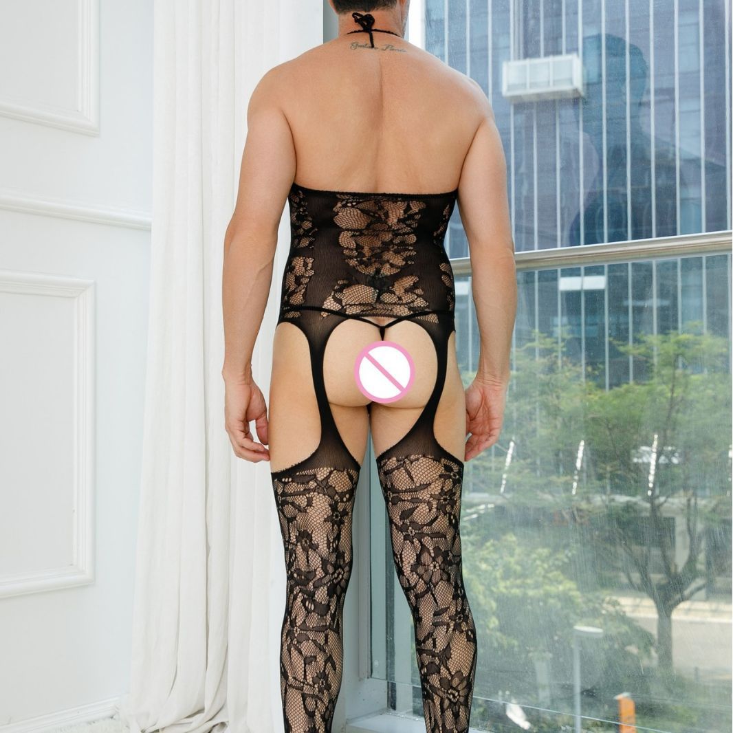 Medias de talla grande para hombre de malla, encaje, caladas, transparentes, lencería sexy
