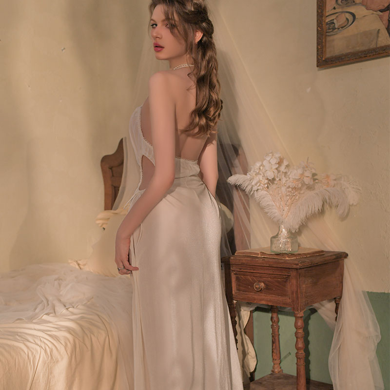 Mujer Deseo Puro Viento Hueco Cintura Halter Camisón Sencillo Terciopelo Falda Larga de Mujer