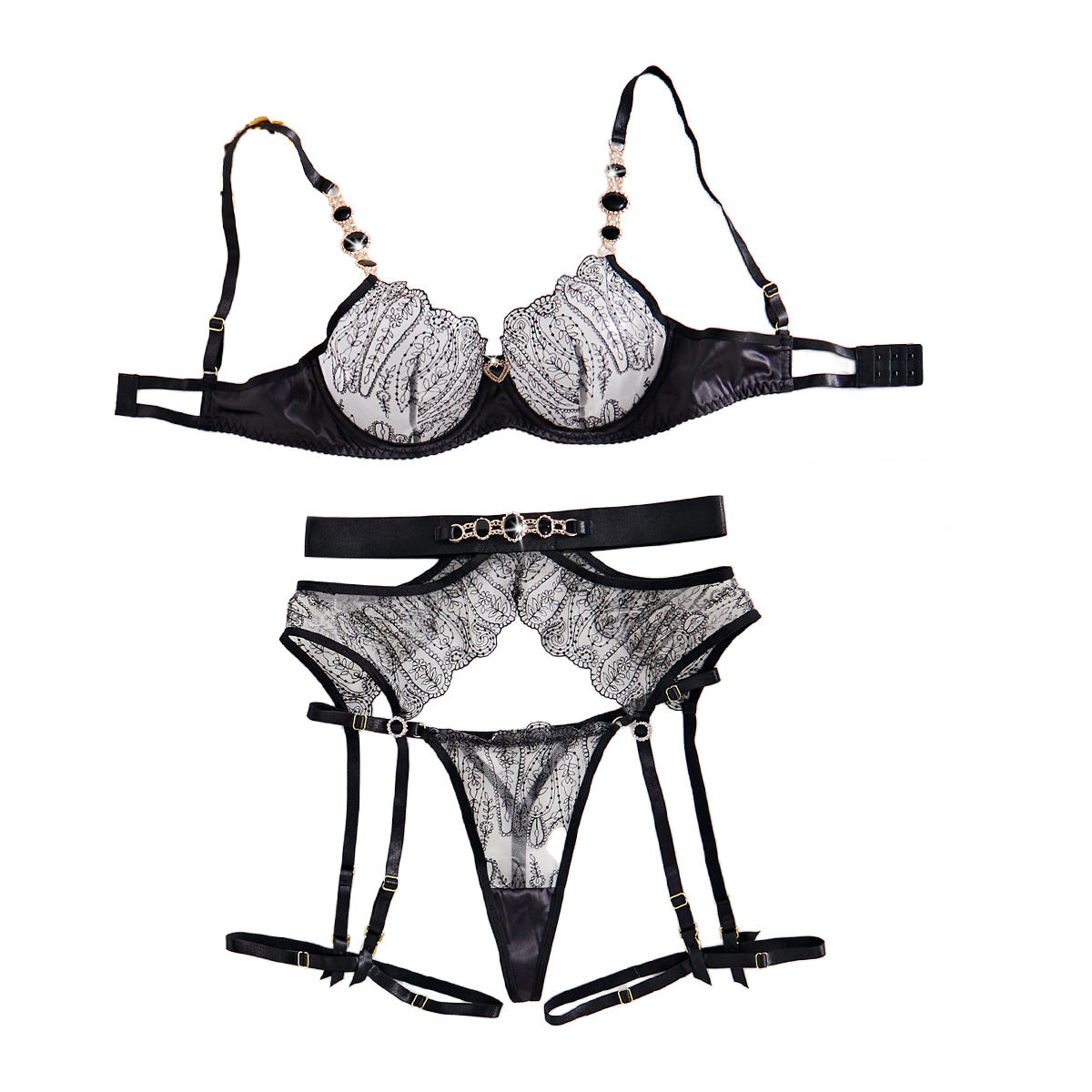 Conjunto de lencería glamuroso de 4 piezas con gema, cadena metálica y ropa interior transparente con forma de corazón