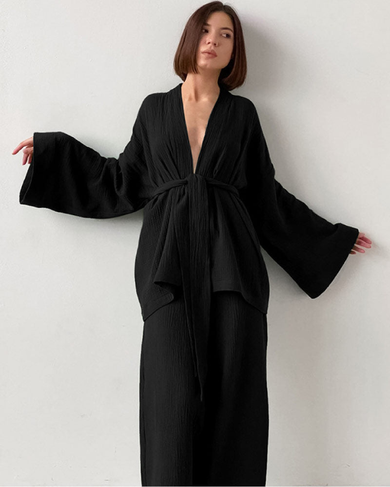 Loose-fit Line Gauze Pajama Bathrobe Set