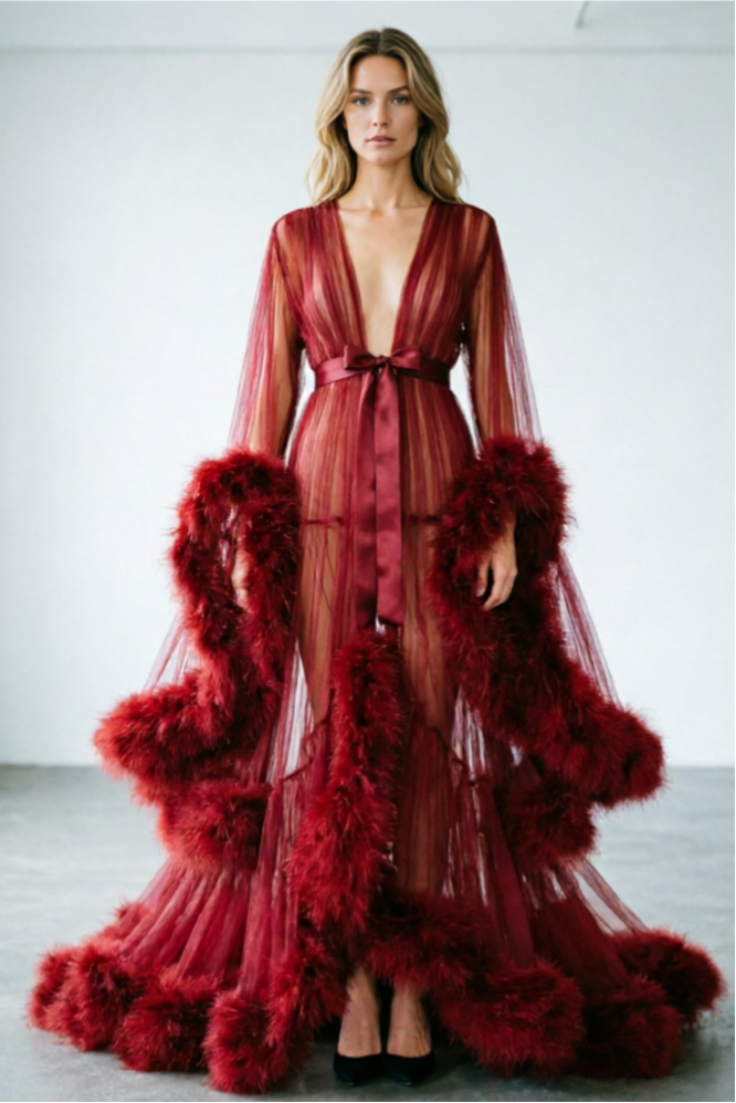 Sexy Feather Bell Sleeve Trailing Dress