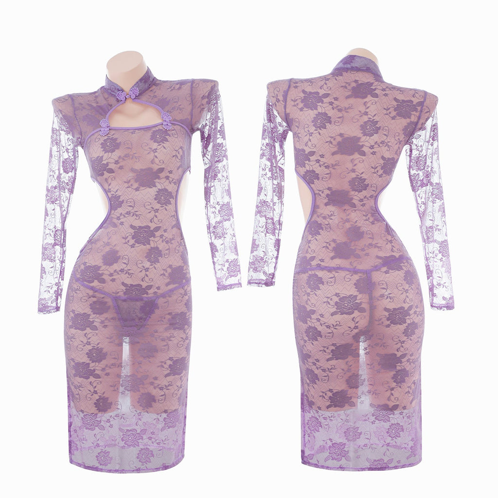 Traje Cheongsam transparente de encaje