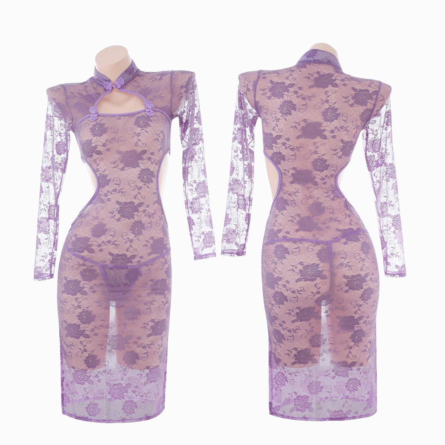 Traje Cheongsam transparente de encaje