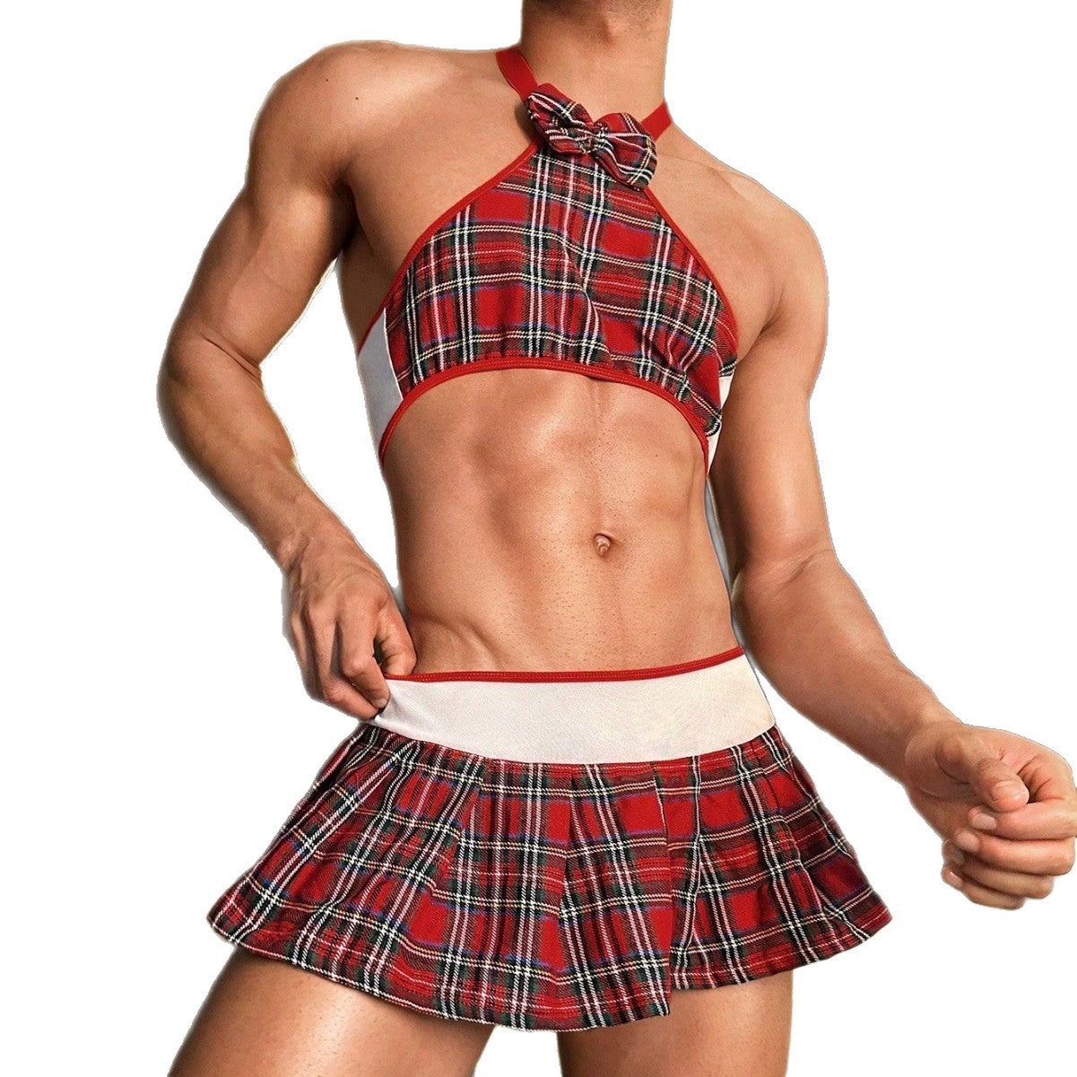 Pleated Skirt Red Plaid Bow Cos Men's Sexy Lingerie