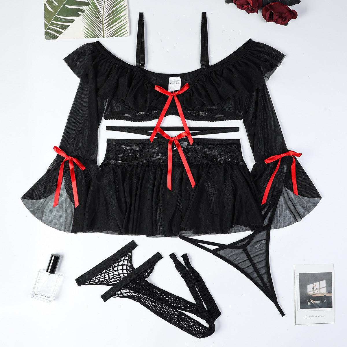 See-through Three-Quarter Sleeve off-Shoulder Four-Piece Set