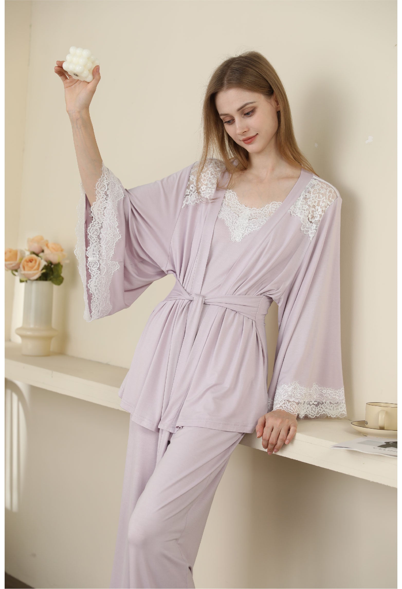 Sexy Modal Lace Backless Pajama Robe Camisole Set