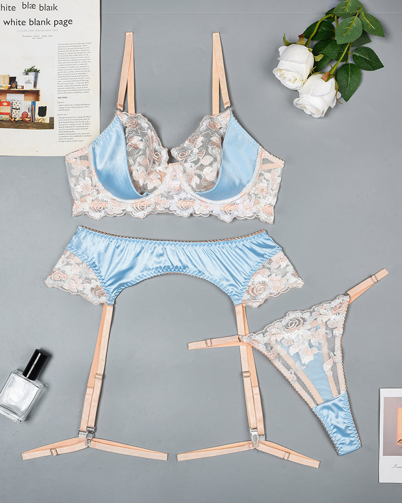 Conjunto de sujetador push-up con bordado de flores