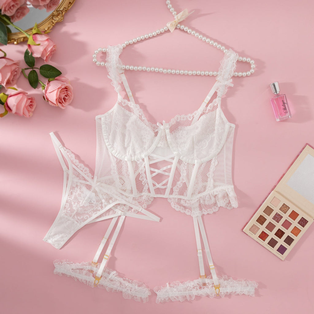 Traje sexy de encaje con bordado de terciopelo, lazo y calados