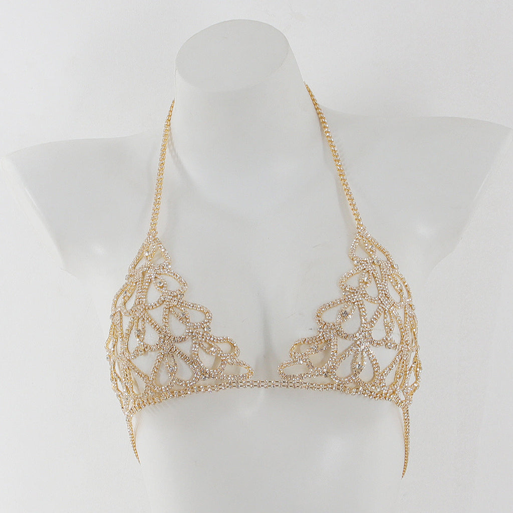 Water diamond Diamond studded Heart shaped Decorations Nightclub sexy Body Chain Bra Set